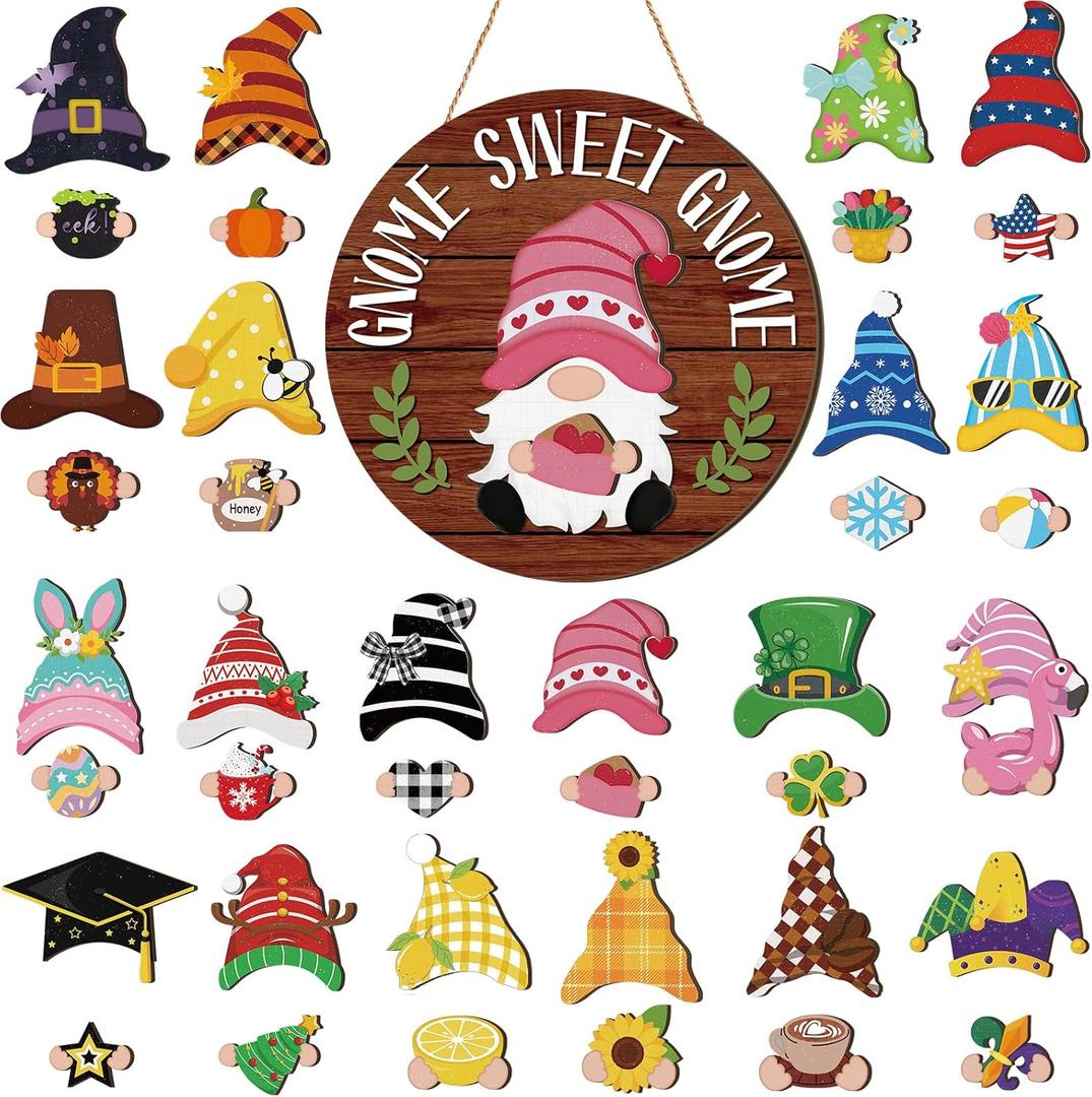 Wenqik 41 Pcs Interchangeable Sweet Gnome Signs Holiday Wooden Seasonal Gnome Decor Detachable Magnet Hat and Hand Welcome Sign for Home Decoration(Farmhouse,Dark Brown)