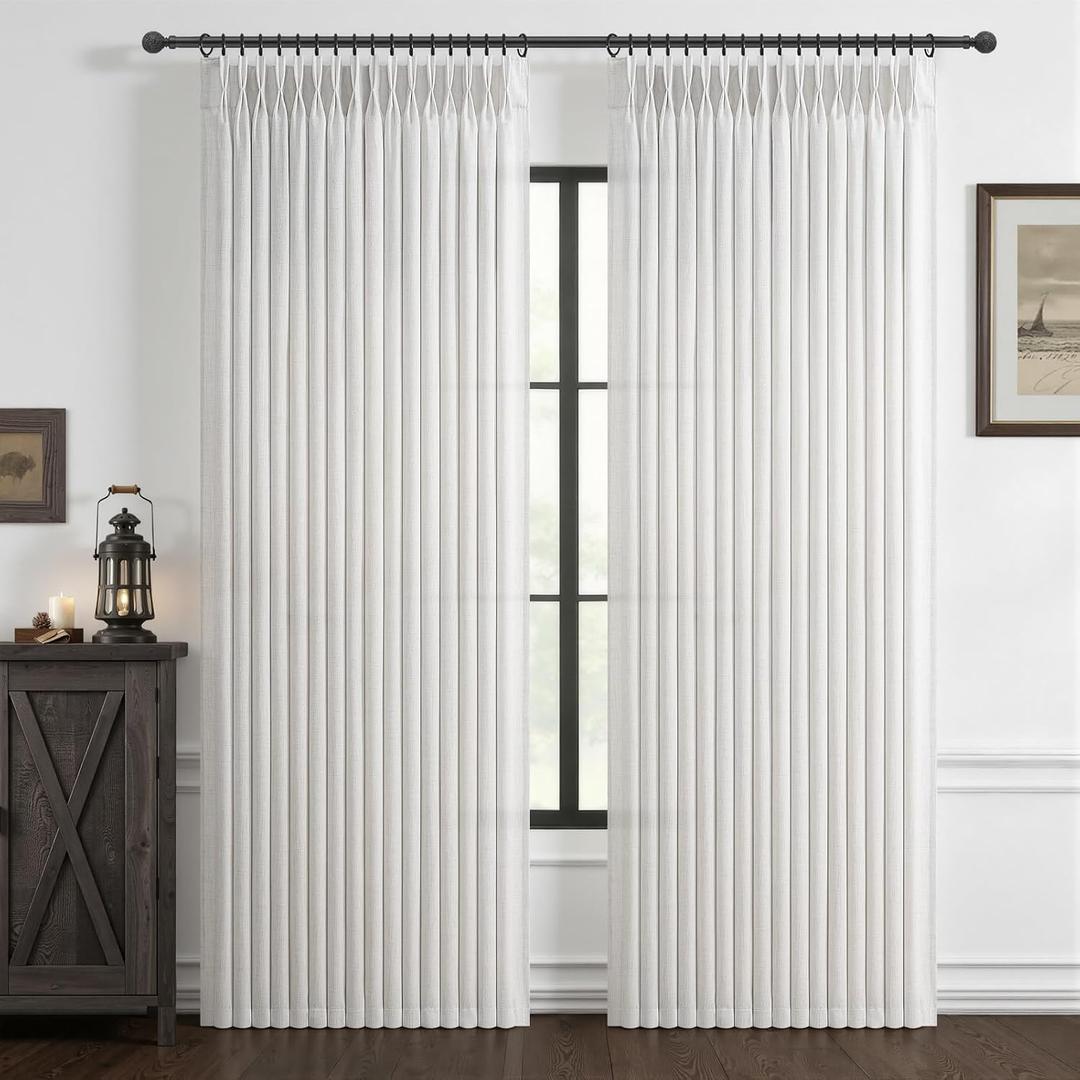 Unique Extra Long Pinch Pleat 105 Inch Office Curtains Panels 2 Set, Beige White Memory Shape Semi Sheer Flax Linen Floor to Ceiling Curtain Privacy Light Filtering Elegant Window Drapes for Classroom