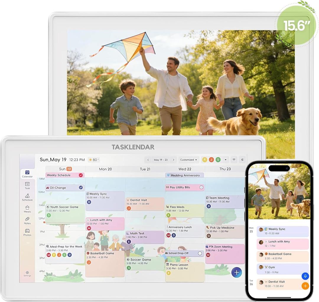 15.6 Digital Calendar Frame Wall Touchscreen Electronic Calendar, Smart Family Planner for Schedule, Chore Chart & Meals Task Organizer, Digital Photo Display, Wall & Desk Mountable, White