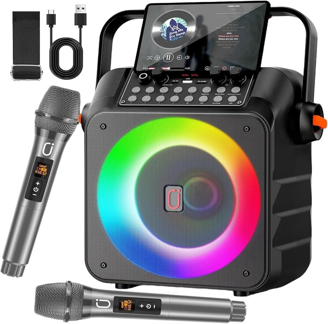 Karaoke Machine with 2 Wireless Microphones, Portable Karaoke Rechargeable for Adults and Kids, Bluetooth 5.3 Stable Speaker, PA System & DJ Lights for Home Singing Outdoor Party, Music Gifts