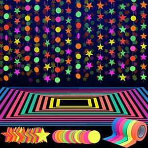 WILLBOND 127ft Glow Neon Party Supplies Set, 6 Colors UV Blacklight Reactive Tape, Neon Paper Garlands Circle Dots Stars Hanging Decorations for Birthday Wedding Glow Party Decorations