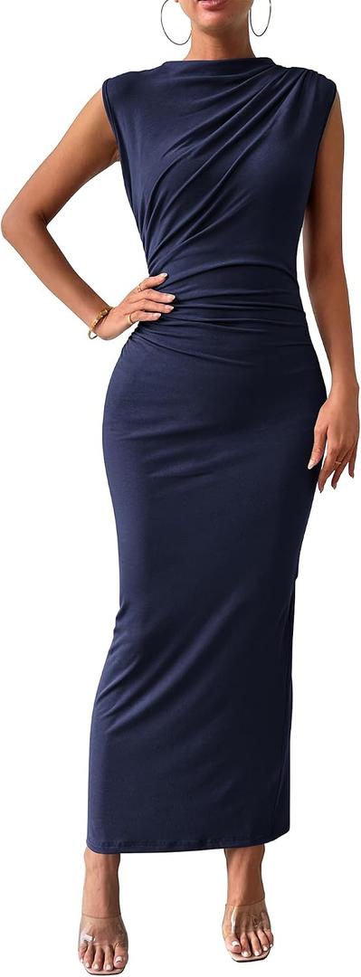 BTFBM Women Ruched Bodycon Maxi Dresses Summer Casual Sleeveless Lightweight Slit Elegant Cocktail Wedding Guest Dress (Blue, S)