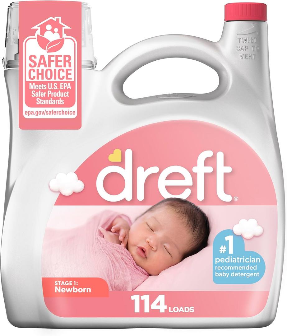 Dreft Stage 1 Newborn Baby Laundry Detergent Liquid, HE Compatible, 114 Loads, Laundry Soap for Sensitive Skin, Baby Laundry Detergent, Newborn Essentials (150 Fl Oz (Pack of 1))