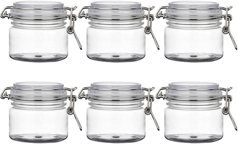 6 Pcs 220ml/7.3oz Empty PET Storage Jar With Locking Clamp Sealed Food Storage Container Bottles Canister Airtight Flip Jar For Sugar Coffee Candy Nuts Spices Cookie And More (clear)