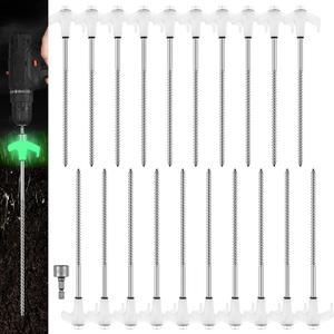 Hicarer 20 Pcs 8'' Screw in Tent Stakes Heavy Duty Ground Metal Stakes for Inflatables with Hex Head Driver for Outdoor Camping Tent Inflatable Garden Decor (Luminous White)