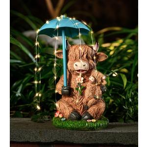Solar Garden Statues Resin Loving Highland Cow Umbrella Lights Outdoor Decor Gifts for Yard, Patio Decorations (Brown)