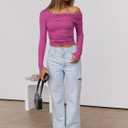 ANRABESS Womens One Off Shoulder Shirts Long Sleeve Slim Fitted Going Out Crop Tops 2025 Fall Outfits Y2K Clothes Hot Pink Small (S)