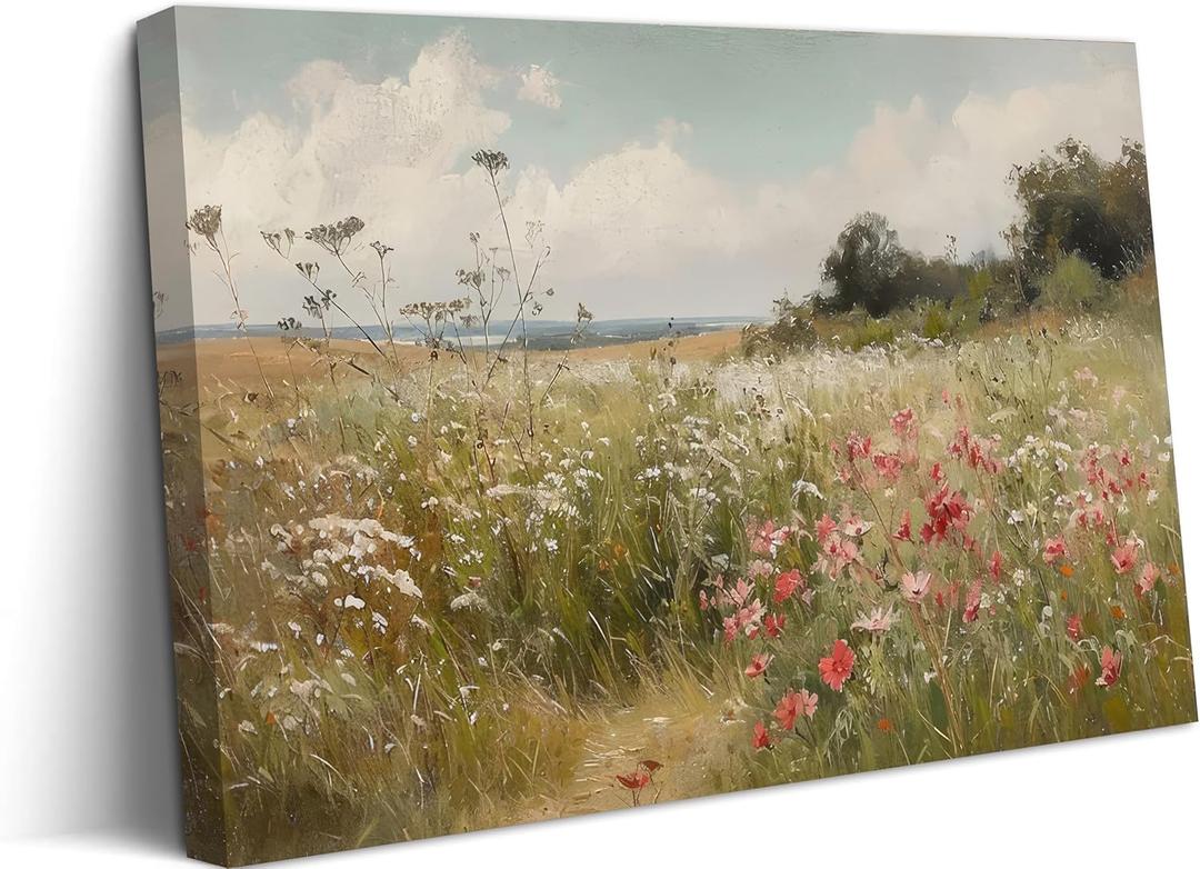 Vintage Wildflowers Landscape Wall Art Farmhouse Cottage Canvas Wall Decor Nature Country Floral Painting Picture Rustic Flower Poster Prints Artwork for Office Living Room Bedroom Bathroom (24L"x16W")