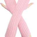Solid Color Knit Elastic Arm Warmers Fingerless Gloves Elbow Long Knitted Cover for Winter (One Size, Pink)