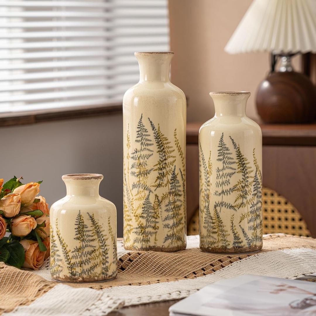 Ceramic Vase Set of 3, Vintage Green Floral Beige Vases, Rustic Chinoiserie Decorative Vases for Home Decor, Living Room, Kitchen, Wedding Gifts, Shelf Decor, Farmhouse Ceramic Vases for Home Decor