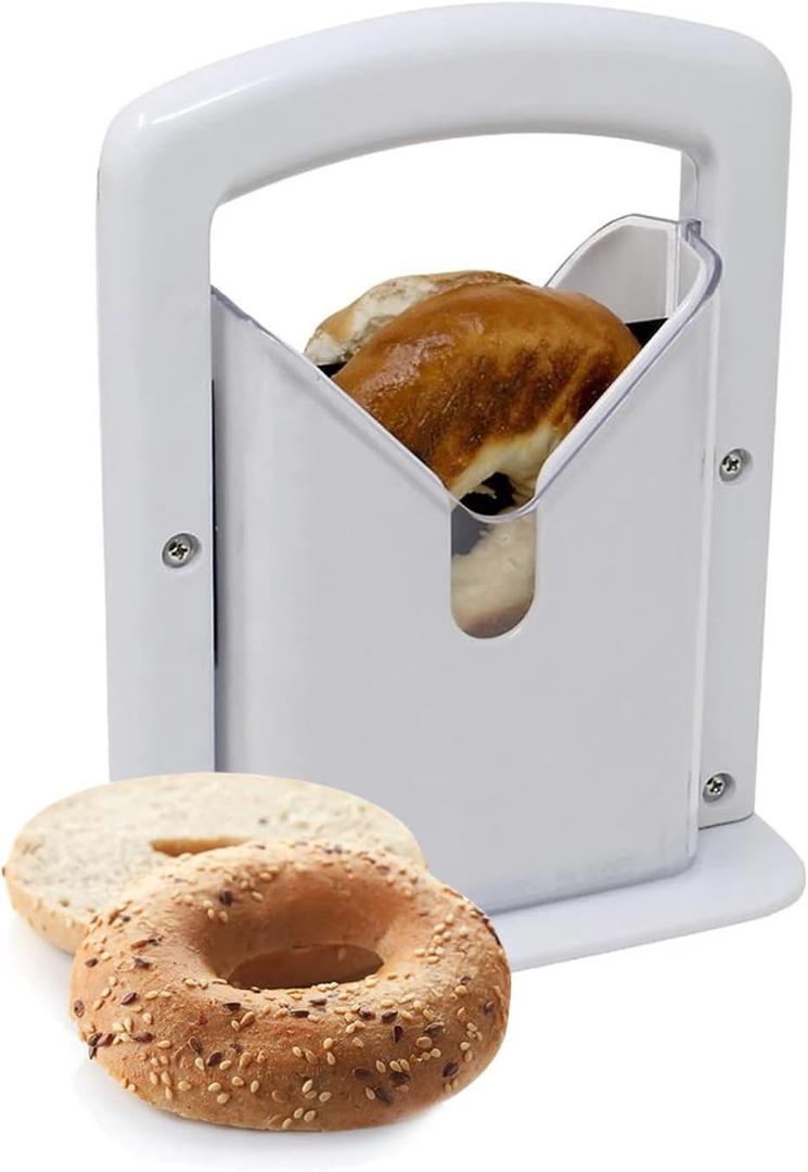 Bagel Slicer, Perfect for Bagels, Safe Grip, Safety Shield, Bagel Cutter Stainless Steel, Universal Slicer (White)