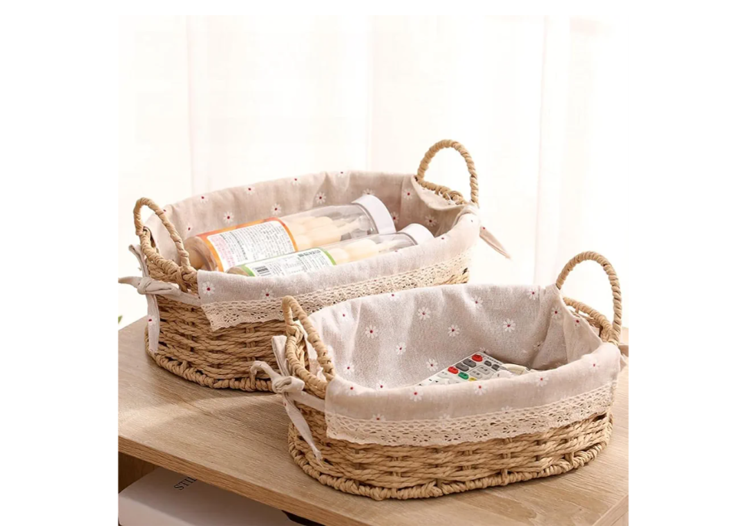 GIB Small Wicker Storage Baskets for Organizing, Decorative Woven Baskets with Handles & Liners, Boho Paper Rope Cute Baskets for Gifts, Decor, Pantry Table, Serving Trays, Set of 2