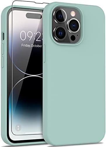 DEENAKIN Compatible with iPhone 14 Pro Max Case with Screen Protector,Soft Liquid Silicone Gel Rubber Bumper Cover,Slim Fit Shockproof Protective Phone Shell 6.7" Mint Green