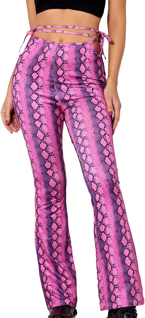 WDIRARA Women's Elastic High Waist Allover Print Floral Bell Bottom Flare Leg Long Pants (XL)