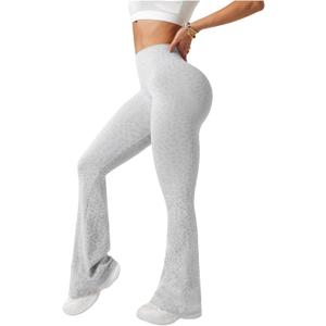 SHENHE Women's Flare Leggings Leopard Print High Waisted Butt Lifting Yoga Leggings Pants (Medium, Light Grey)