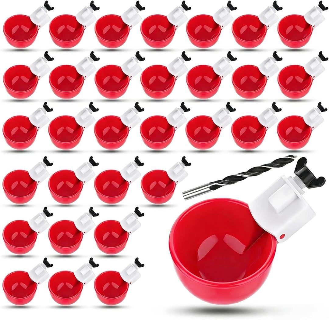 32 Pack Auto Chicken Poultry Waterer Cups Feeder for Diy Chicken Coop Automatic Watering Cup Dispenser Drinker Bebederos De Agua Para Gallinas with Mounting Hole Opener Double Leak-proof Washer