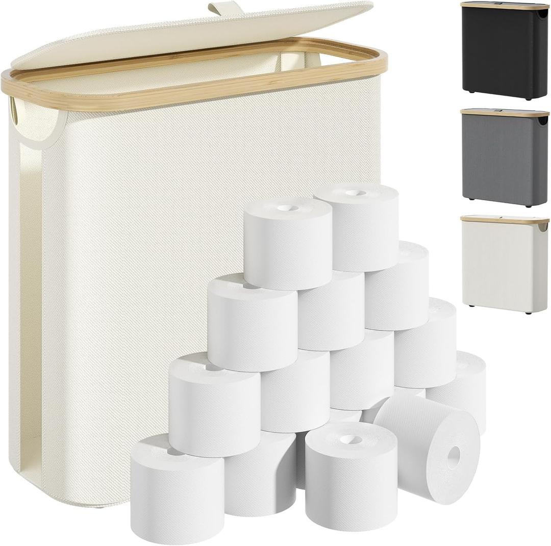 Toilet Paper Storage with Lid and Handle, 16 Roll Toilet Paper Basket Bathroom Standing Organizer, Folding Storage Bag with Foot Base, Slim Holder Container for Rolling Tissue, Towel, Toys - Beige (35L)