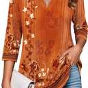 Zeagoo Womens 3/4 Length Sleeve Tops V Neck Tunic Casual Dressy Blouse Floral Printed Shirts (X-Large)
