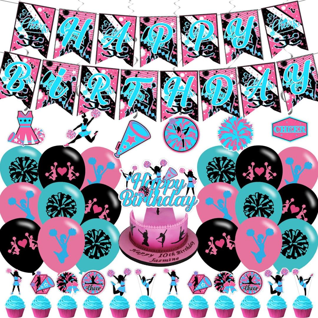 Cheerleading Party Decorations Cheerleading Birthday Party Supplies Includes Gymnastics Party Cheer Birthday Banner Swirls Cupcake Toppers Cake Topper Balloons for Cheerleading Decor