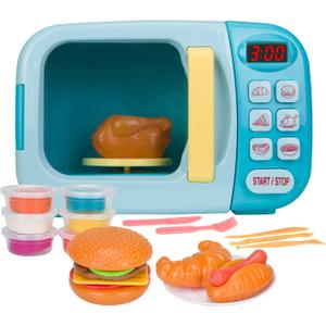 Microwave Toys Kitchen Play Set with Light Sound,Kids Pretend Play Electronic Oven with Play Food and 6 Color DIY Play-Dough for Children Ages 3+ Years (Blue)