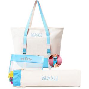 Empty Mahjong Tile Bags Set for American Tiles and Racks,Canvas Tote Bag with Mat Holder Accessories Organizer,Portable Mahjong Case Drawstring Protective Sleeve for Rack Pushers,Blue