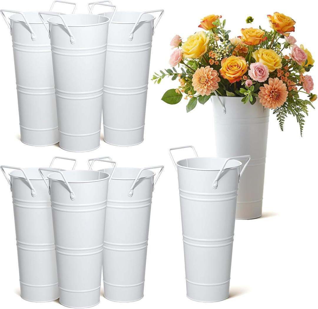 8 Pcs 9 Inch High Galvanized Flower Bucket, Metal Flowers Vases with Handles White Vintage French Farmhouse Flower Holder for Cut Flowers, Wedding, Table Centerpiece Decor4.3 Inch Wide