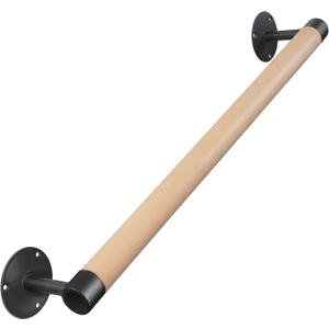2FT Wood Hand Railing for Stairs - Wooden Handrails for Outdoor Steps, Staircase Handrail W/s Black Metal Brackets, Banister Deck Rails, Safety Grab Bars for Senior, Elderly & Kids