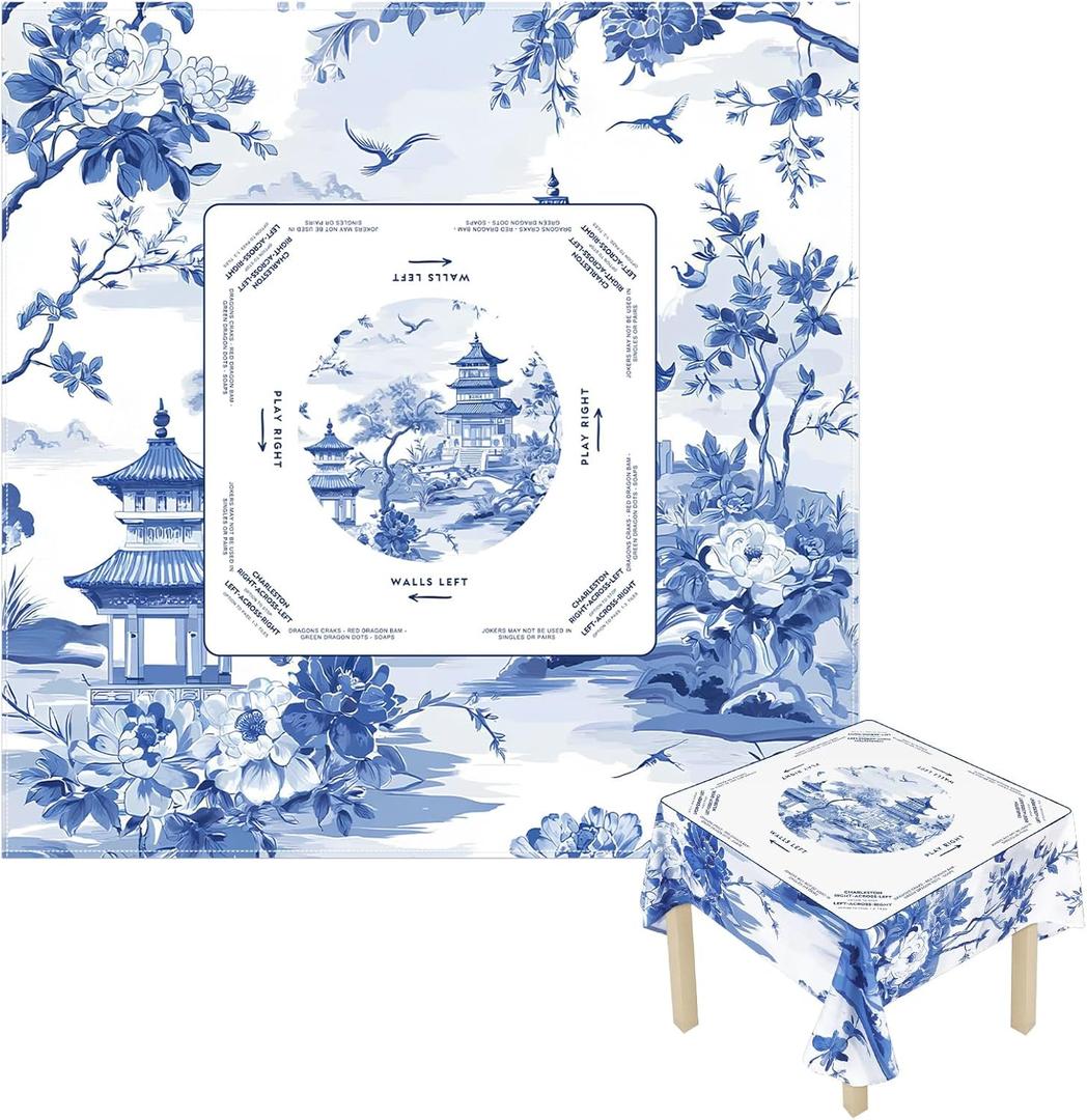 Mahjong Tablecloth 55" x 55" Polyester Square Instructional Design with Rules for Family Game Night Party Favor Supplies(Chinoiserie)