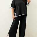 Imily Bela Womens Plus Size Lounge Sets 2 Piece Outfits Short Sleeve Pullover Tops Wide Leg Pants Summer Travel Outfits (Black, XXXL)