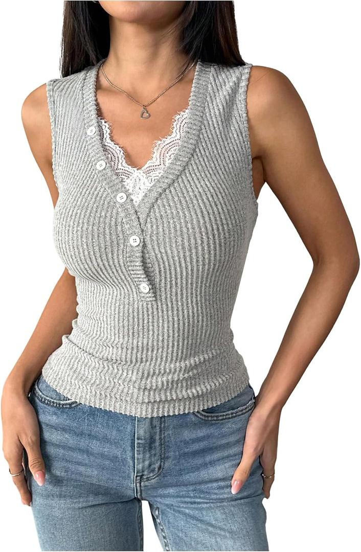 SOLY HUX Women's Lace Trim Tank Top V Neck Sleeveless Button Ribbed Knit Casual Summer Tops (Gray, M)