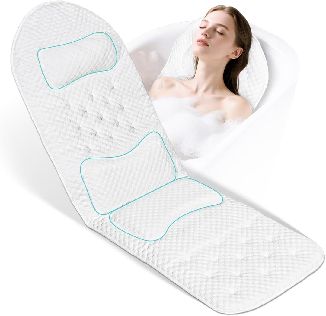 Full Body Bath Pillow for Bathtub, Thick Soft Tub Cushion with Non-Slip Suction Cups Dual Hooks, Luxury Spa Pillow for Neck Back and Hip Support, 55" x 18" (White)