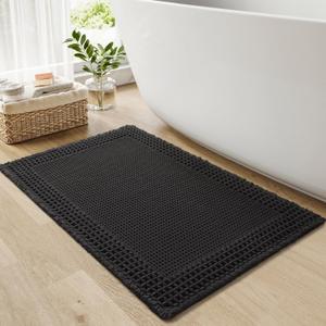 RESARE Waffle Bath Mat for Bathroom, Super Absorbent Bathroom Rugs Non Slip Machine Washable, Ultra Soft Quick Dry Boho Bath Rugs with Tassels for Floor, Upgraded Bordered Design, 18"x30" Black (1'6" x 2'6" (Rectangular))