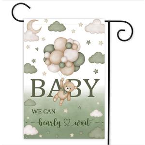 Green Bear Baby Shower Garden Flag, 12x18 Inch Double Sided We Can Bearly Wait Baby Garden Flag, Baby Shower Birth Announcement Gender Reveal Newborn Baby
