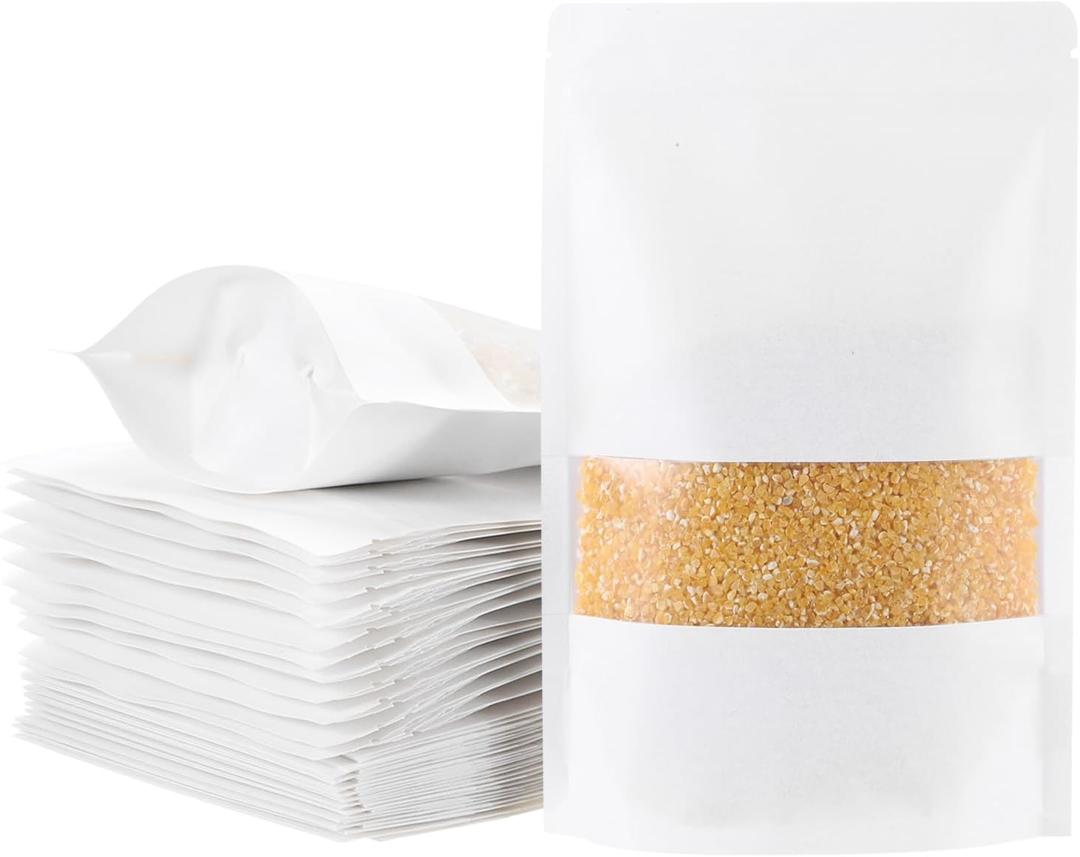 uxcell 50pcs Kraft Stand Up Pouches, 8 x 12 White Resealable Kraft Paper Zip Seal Food Storage Bags Multipurpose Bulk Packing Bags with Matte Window for Dried Fruit Nut Coffee Tea