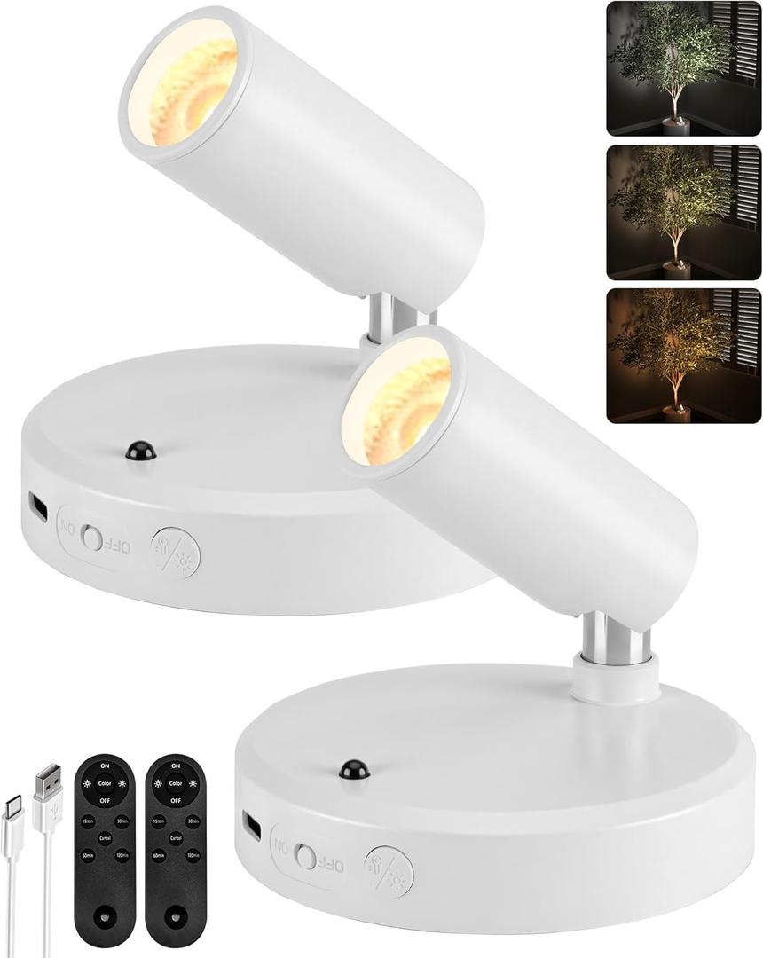 EZVALO Spot Lights Indoor, 5500mAh Rechargeable Picture Lights with Remote, Wireless Mini Art Accent Spotlights with Timer & Dimmable, 3-CCT, Uplights Indoor for Plants, Display (2-Pack-White)