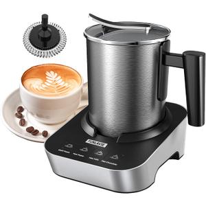 4-in-1 Electric Milk Frother and Steamer, Large 13.5oz Stainless Steel Pitcher, Hot & Cold Foam Maker and Milk Warmer for Lattes, Cappuccinos, Macchiato,Hot Chocolate, Dishwasher Safe (Silver/Black)