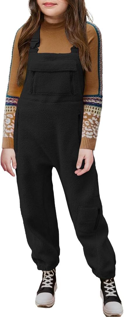 Girls Fleece Overalls Kids Warm Winter Loose Casual Jumpsuits with Pockets 5-14 Years (Black)