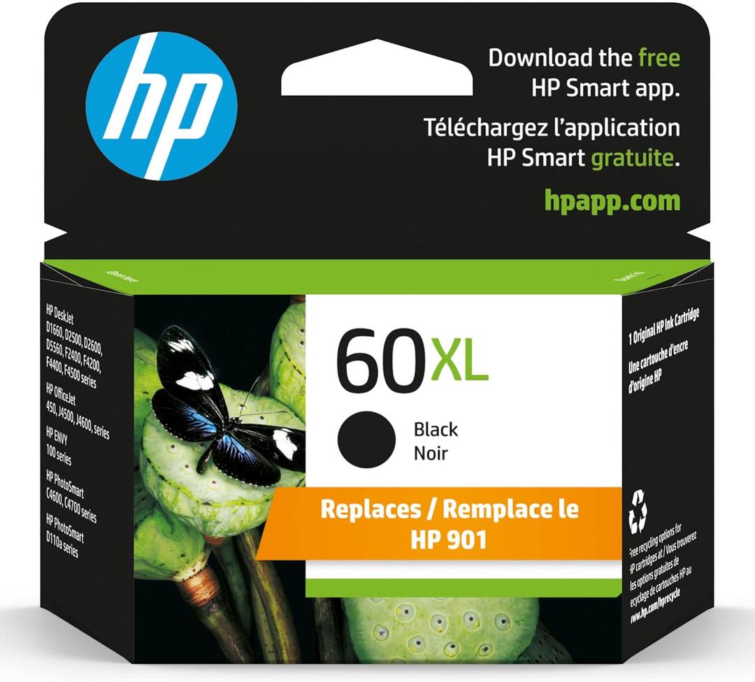 HP 60XL Black Ink Cartridge, High-Yield | Works with Printer Series: DeskJet D1660, D2500, D2600, D5560, F2400, F4200, F4400, F4580; Envy 100; OJ J4500, J4680, 4500; PhotoSmart C4600, C4700, D110a