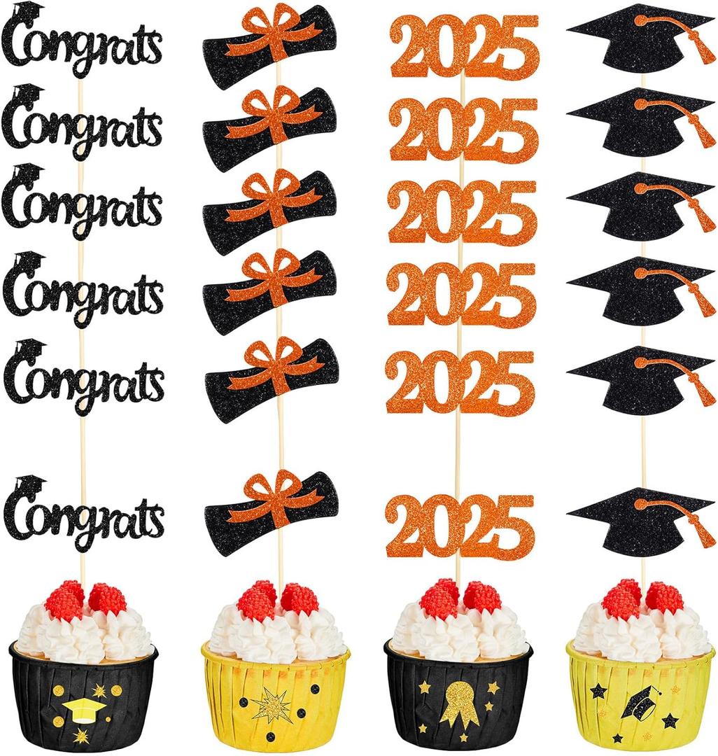 Chinco 100 Pack 2025 Graduation Cupcake Toppers Grad Cap Food Appetizer Picks Cake Graduation Party Decorations Diploma Cupcake Picks for Cake Class of 2025 Graduation Party(Black and Orange)