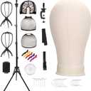 22'' Canvas Wig Head with 61'' Adjustable Tripod Stand, Mannequin Head Set for Styling, Display Includes Caps, Elastic Bands, Stand & Tool Kit for Beginners and Professionals
