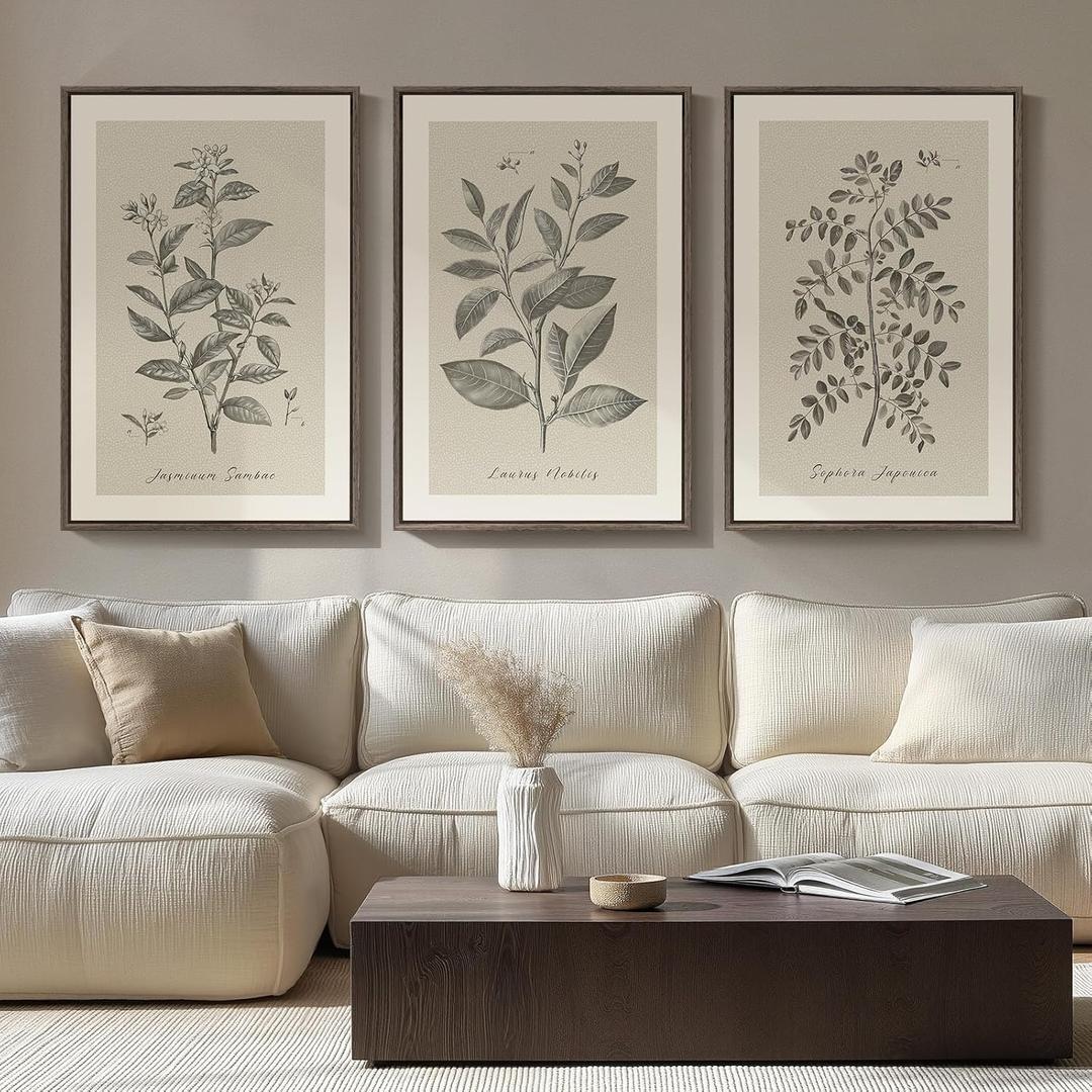 Large Framed Botanical Wall Art for Living Room, 3 Piece Neutral Plant Canvas Painting Prints Artwork for Farmhouse Walls, Vintage Floral illustration Pictures for Bedroom Kitchen Wall Decor, 20x30