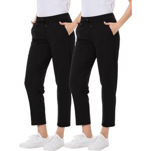 2 Pack Women's Golf Pants with Deep Pockets Stretch 7/8 Ankle Sweatpants for Athletic, Work, Travel, Lounge, Large, Black/Black