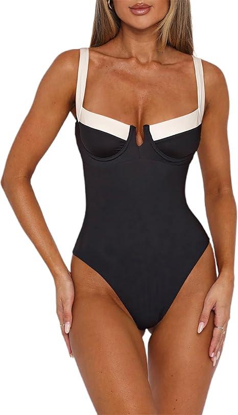 HYPERFIRE Women's High Cut Cheeky One Piece Swimsuit Underweired Swimwear Push up Bathing Suit Black and White Medium M