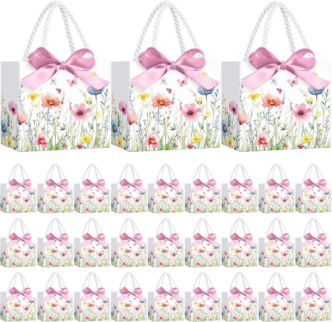 Moinchore 30 Pcs Wildflower Paper Gift Bags Bulk 5.5 x 4.7 x 2.5 in Mini Floral Favor Bags with Handles Bow Ribbon Wrap for Spring Summer Birthday Wedding Home Bridal Shower Garden Supplies (White and Pink)
