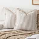YEENAASY Throw Pillow Covers 18x18 Set of 2 Striped Fringe Pillow Cover Farmhouse Cushion Covers with Tassel Neutral Boho Pillows Decorative Square Pillowcase for Couch Sofa Bed, Khaki