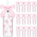 Skylety 12 Pcs 14oz Pink Bow Plastic Bottle with Straw Lid and Twist Bow Disposable Coquette Bottles Cute Inspired Retro Reusable Bottles for Women Birthday Party Friend Drinkware