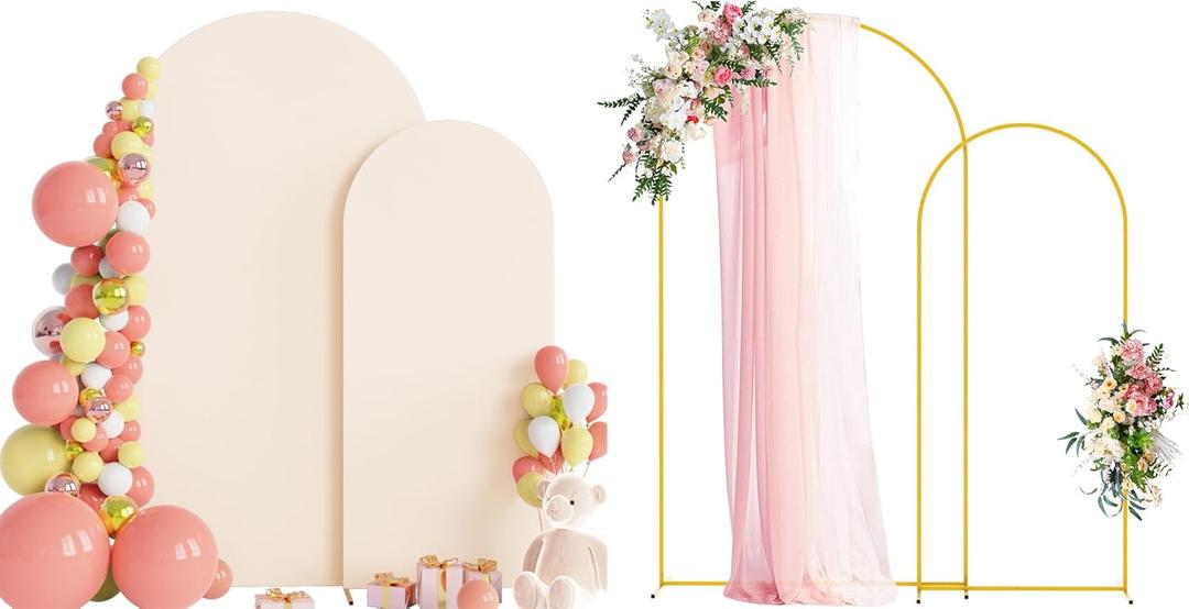 Wokceer Wedding Arch Backdrop Stand and Cover Set of 2 Metal Arch Stand with Arch Cover Beige 7.2FT, 6FT for Birthday Party Wedding Ceremony Bridal Baby Shower Event Decor, 7.2ft, 6ft, Beige