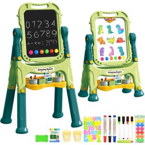 Kids Art Easel, Adjustable Drawing White Board & Chalk Board, Toddler Double Sided Easel with Painting Accessories, Birthday Gift for Girls Boy Age 3 4 5 (Green)