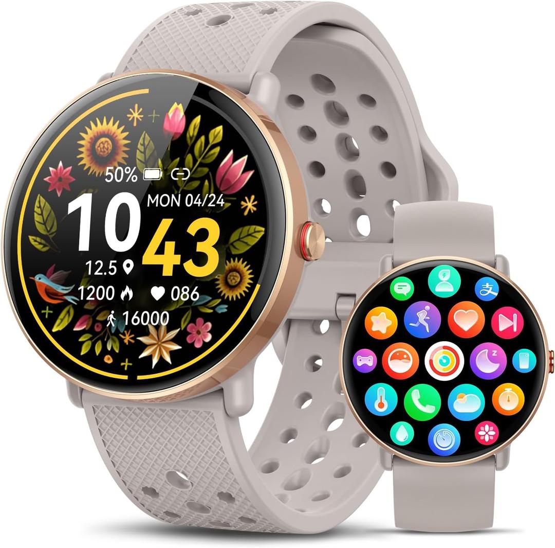 Smart Watch for Women Men, for Android iOS with Sleep Monitor, Pedometer Fitness Tracker, Bluetooth Call, IP68 Waterproof, 112+ Sport Modes Calorie Counter Round Smartwatch (Casual, Gold-Pink, 1.39)