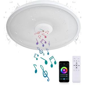 ASALL Smart Waterproof LED Flush Mount Ceiling Light Fixture, 11 inch 18W, with Bluetooth Speaker, RGB Color Changing Function- Dimmable Lamp, Tuya Application Control-Compatible with Alexa Google Home